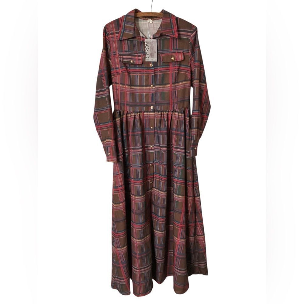 Oyrosy New with Tags Dress Size M Maxi Plaid Belt Fall Winter Shirt dress